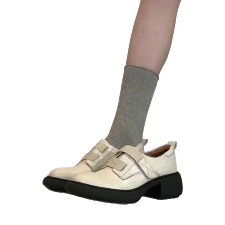 Sheepskin version~ Velcro small leather shoes women's British style retro one-pedal loafers platform muffin height-increasing single shoes