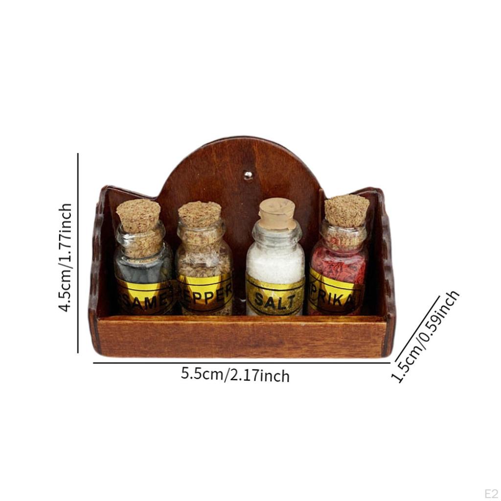 Wood Wall Hanging Rack with 4 Condiment Jars Simulation 1:12 Scale Miniature Furniture Kitchen