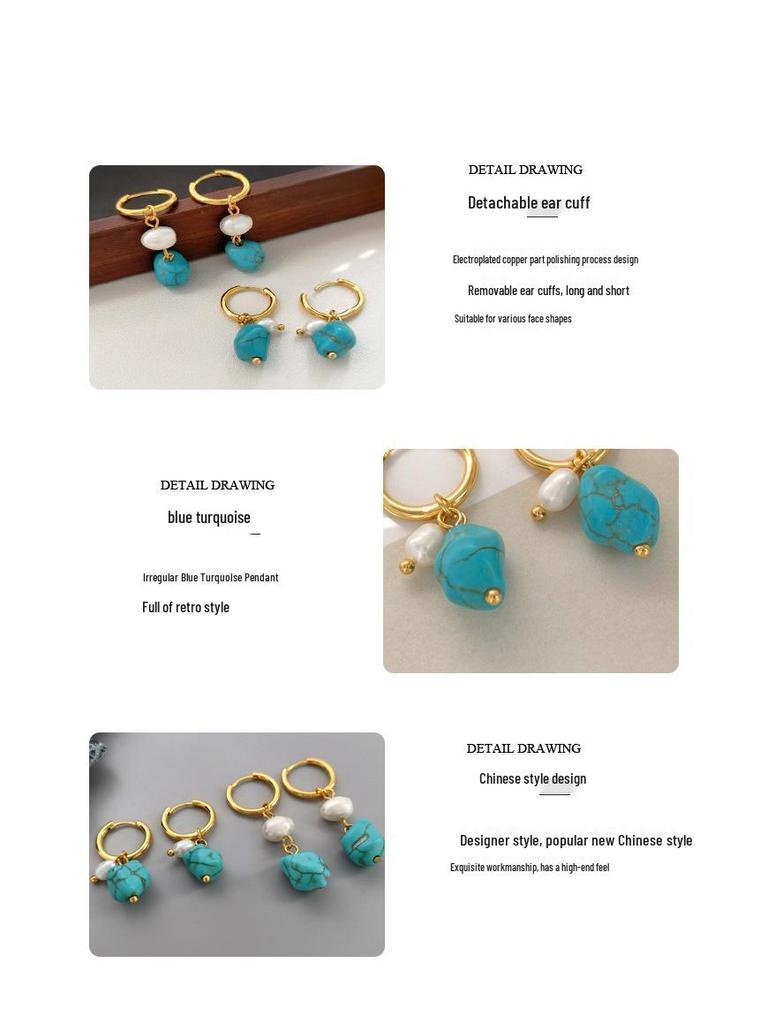 High-End Irregular Blue Turquoise and Cultured Pearl Ear Cuffs - Fashionable Temperament Jewelry
