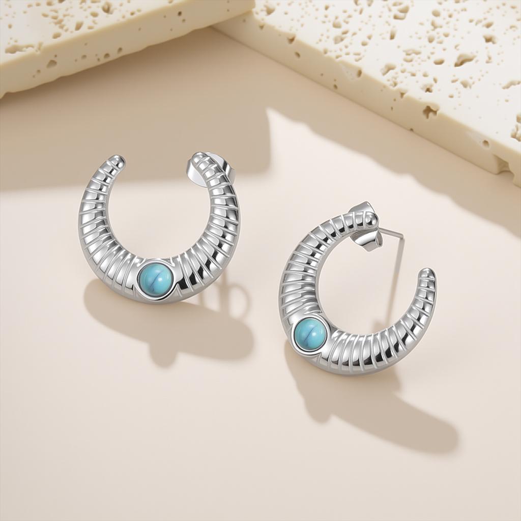 Teamer Turquoise Crescent Stud Earring For Women Girls Gold Color Stainless Steel Simple Style Fashion Jewelry Birthday Gift