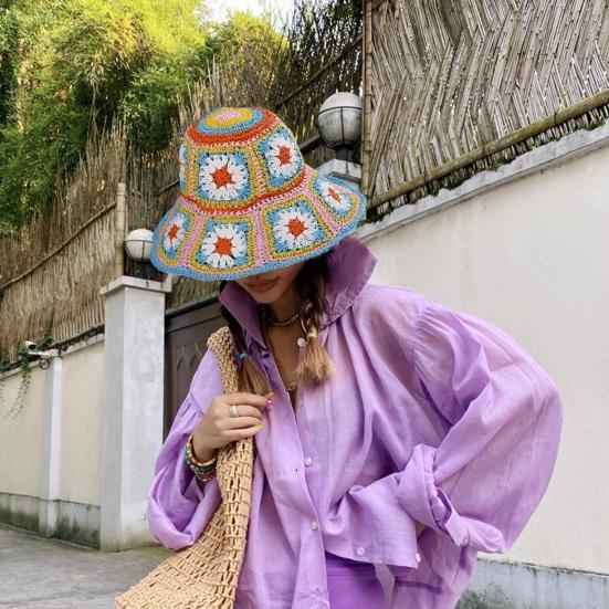 Fisherman Hat Floral Pattern Crochet Straw Sun Hat Anti-UV Sun Protection Foldable Packable