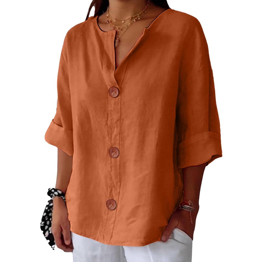 2026 Women's Loose V-neck Cotton Linen Button Top - Comfortable Casual T-shirt for Spring and Autumn