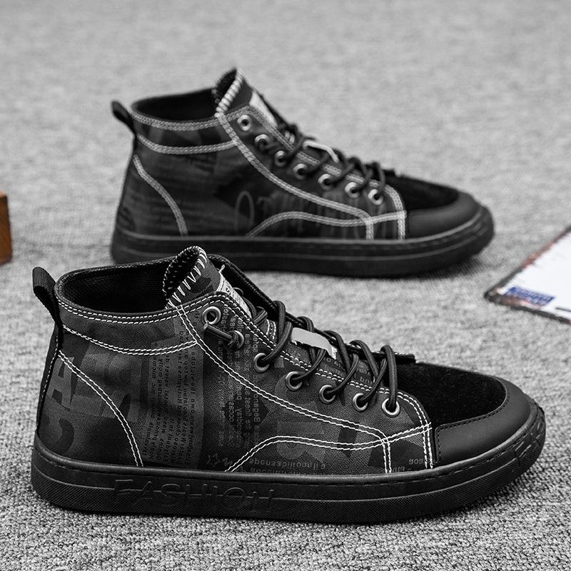 Новая модная мужская обувь трендовая обувь из парусины с высоким берцем повседневная обувь для студентов модная мужская обувь 39 чёрный 2119₽