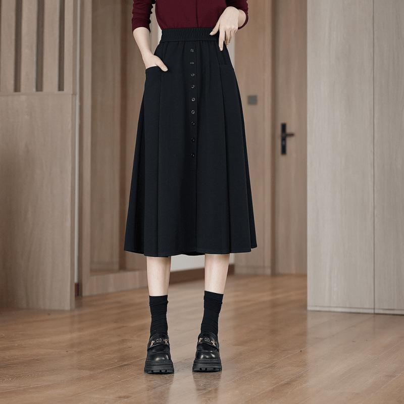 Damen Elastischer Bund Midi Rock - Frühling/Herbst Stil, Lässige Schlanke Passform mit Taschen