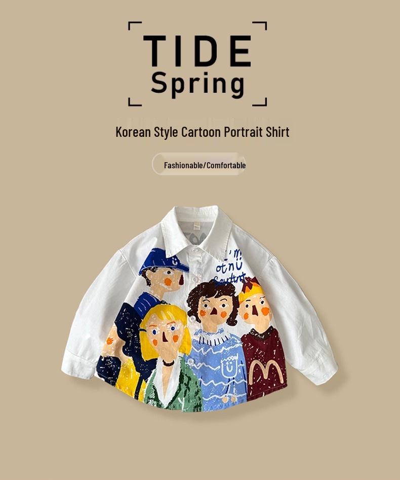 2025 Boys' Spring Cartoon Long-Sleeve Shirt - Korean Style Casual Cotton Top