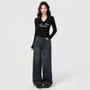 Black V-neck Letter-printed Long-sleeved T-shirt, New Autumn and Winter Bottoming Shirt, Slim-fitting and Thin Top Inside, Women