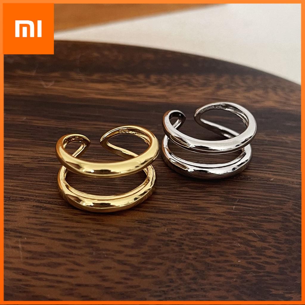 Xiaomi 925 Sterling Silver Rings For Women Men Fine Jewelry Finger Adjustable Open Double Layers Gold Ring For Party Birthday Gift