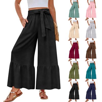 Women's Wide-Leg Casual Pants With Drawstring, Stretch, High Waist, Ruffled Hem, Wide Legs, Belted, And Pockets