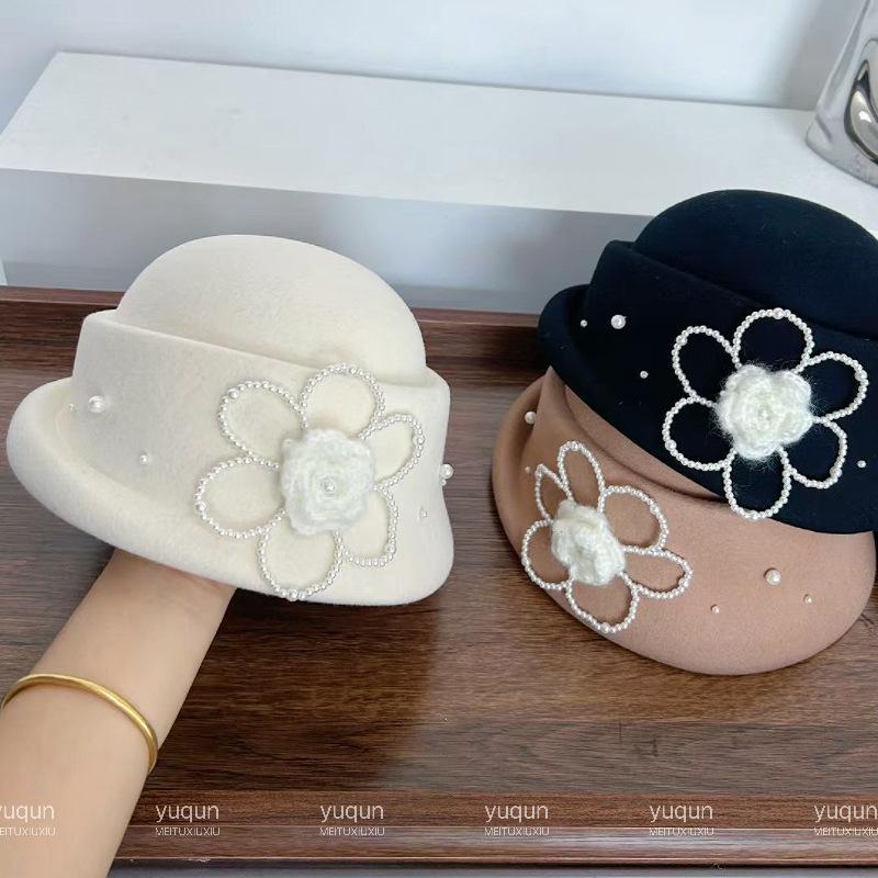 French Hepburn Style Pearl Flower Wool Fisherman's Hat Children Autumn and Winter Elegant Daughter Gold Wind Show Face Small Curling Top Hat