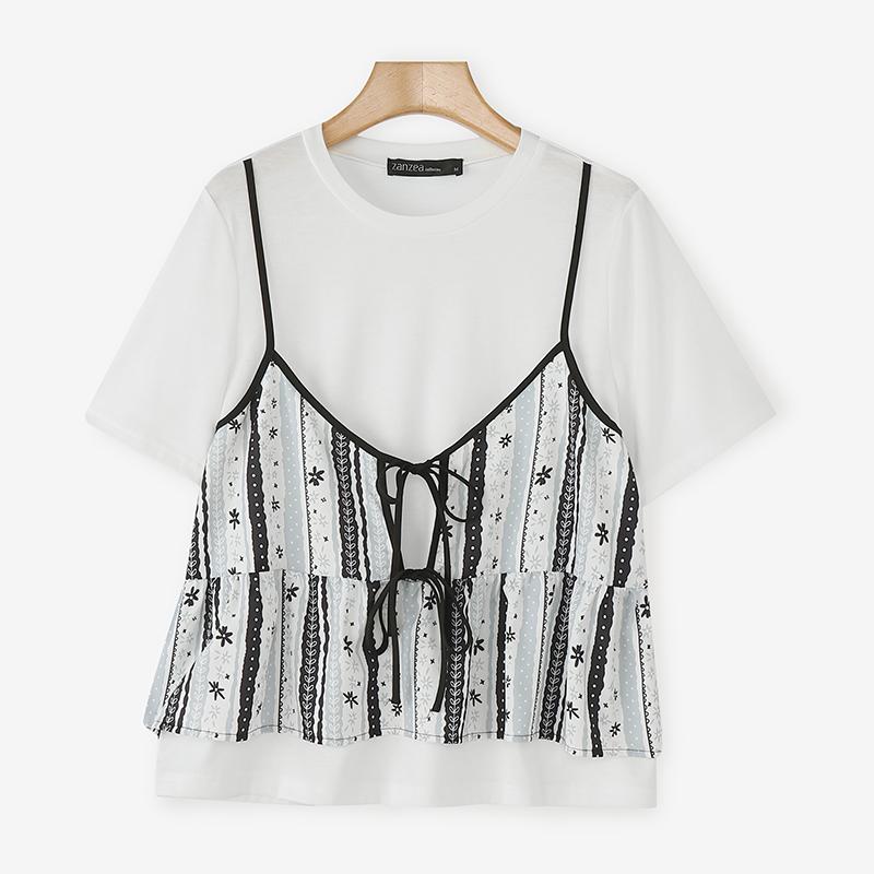 

ZANZEA Women Casual Round Neck Print Patchwork Short Sleeve T-Shirt S чорний