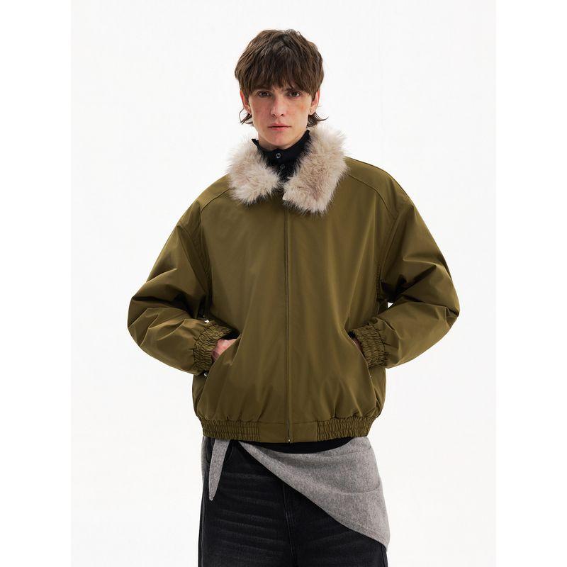 Blaexit Faux Rabbit Fur Collar Green Harrington Jacket Men's Thickened Winter Cotton Short Coat
