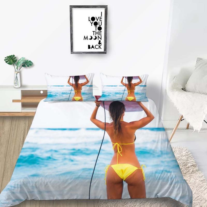 3D Bikini Duvet Cover Bedding Set, Sexy Beauty Down Duvet Cover Pillowcase, Ultra-fine Fiber Bed Cover, Single Double Bed