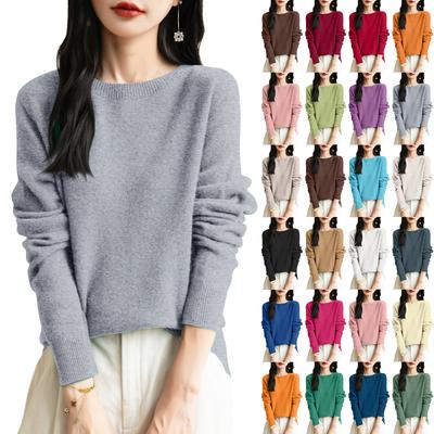 Suéter Pulôver de Tricô Feminino de Moda Gola Redonda Camada Base Cor Sólida Manga Longa