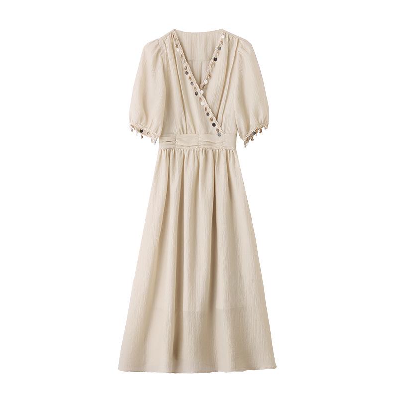 2025 Sommer Elegantes V-Ausschnitt A-Linien Kleid mit Einsätzen und hoher Taille ZQ2525