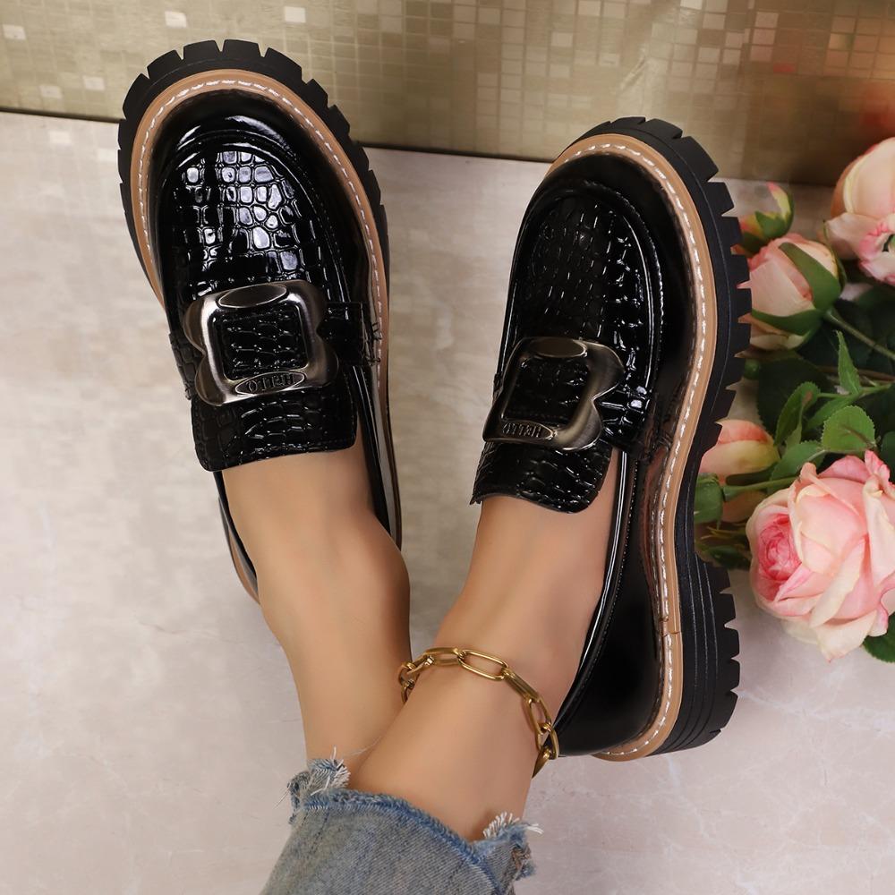 Plus Size Platform Loafers Shoes for Women 2026 Fashion Metal Buckle Pu Leather Shoes Woman Spring Autumn Slip On Flats Female