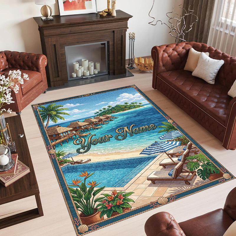 Mermaid Theme Crystal Velvet Floor Rug Personalized Custom Name Text Warm Carpet Home Decoration