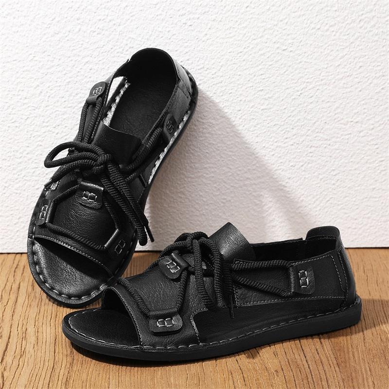 Men Handmade Simple Flats Brown Sandals Summer Roman Sandals Black white Leather Beach Shoes Plus Size