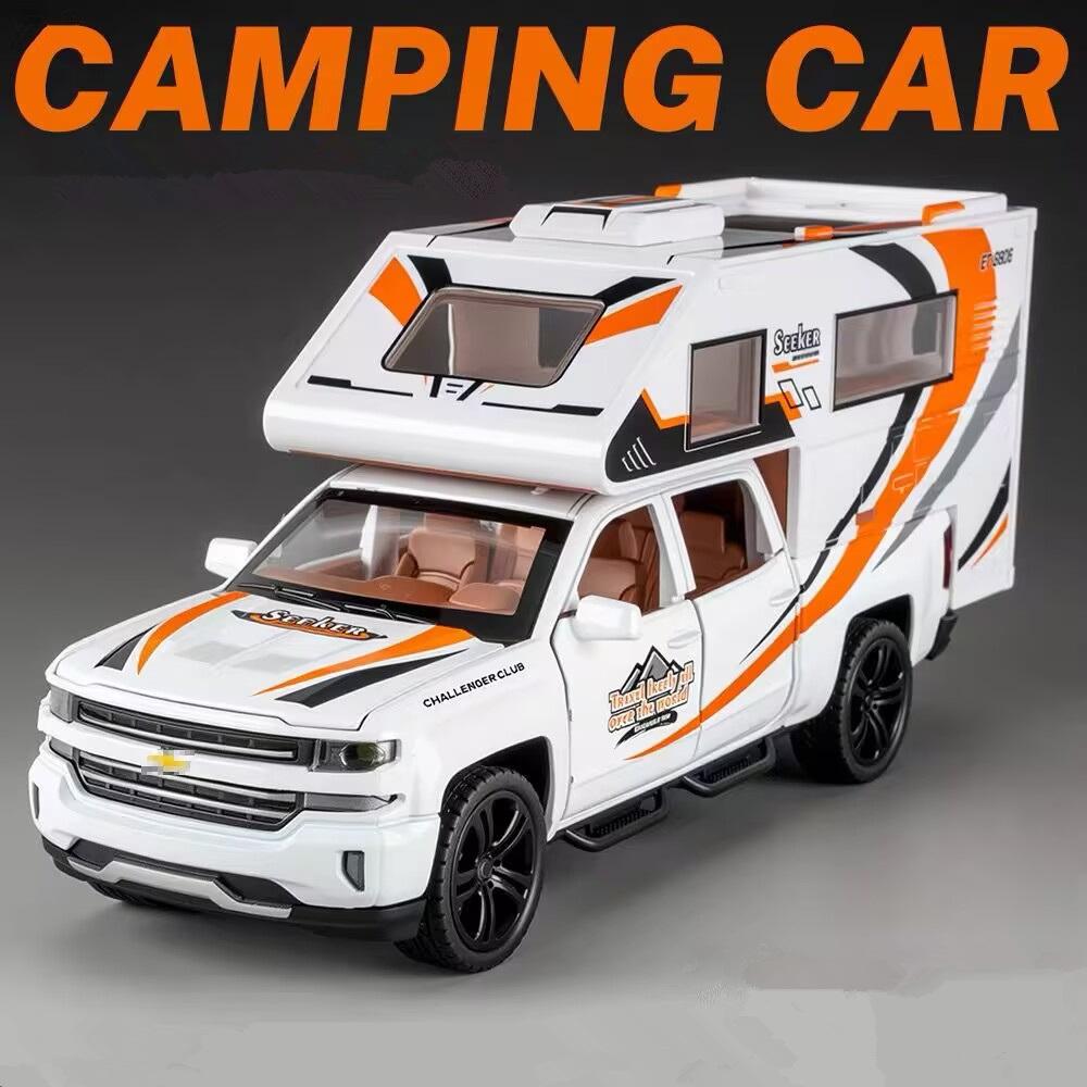 1/32 Silverado Pickup RV Recreational Car Model Diecast Camper Van Motorhome Touring Vehicles Car Model Sound Light Kid Toy Gift