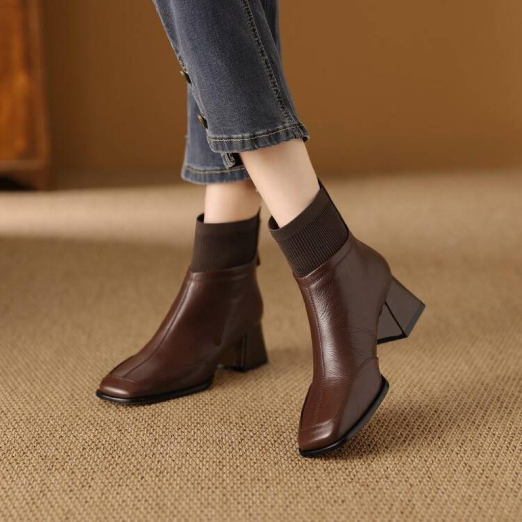 Temperament Short Boots Women's Autumn and Winter New Versatile Square Head High Heels Fleece Thick Heel Flying Woven Leather Shoes