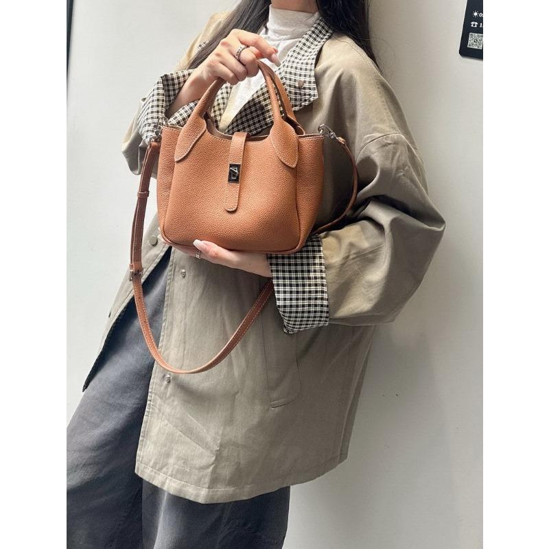 New first-layer cowhide leather high-end bucket bag vegetable basket bag single shoulder crossbody handbag women's bag