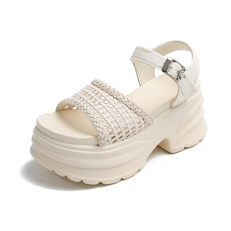 

Fashion 8.5CM Fashion Women s Summer Casual Sandals Platform High Heels New Buckle Strap Thick Heels Leather Shoes Chunky Beach Slippers 34 бежевый