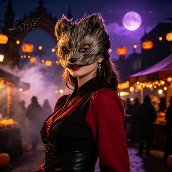 Secure Fit Animal Mask Long Fur White Fox Half Face Mask, Halloween Masquerade Cosplay Breathable Elegant Fairy for Ancient Style Photoshoot