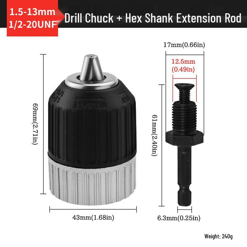 Self-Tightening Electric Drill Chuck, 1.5-13mm Clamping, 1/2-20UNF, with Hex Shank Extension Rod