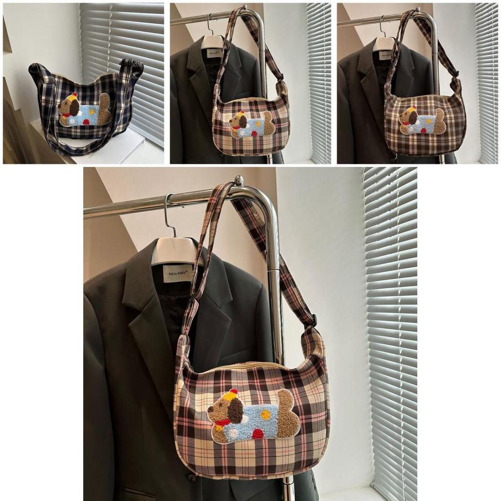 Chic Urban Minimalist Plaid Canvas Handbag Soft Shoulder Bag For Everyday Use In Three Colors