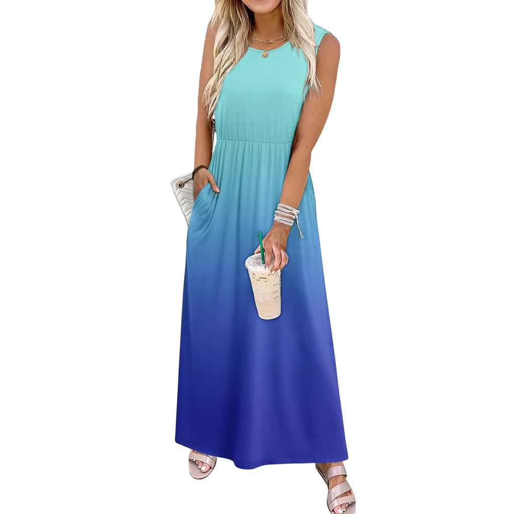 Ladies' Gradient Printed Casual and Fashionable Waist Cinched Sleeveless Dress