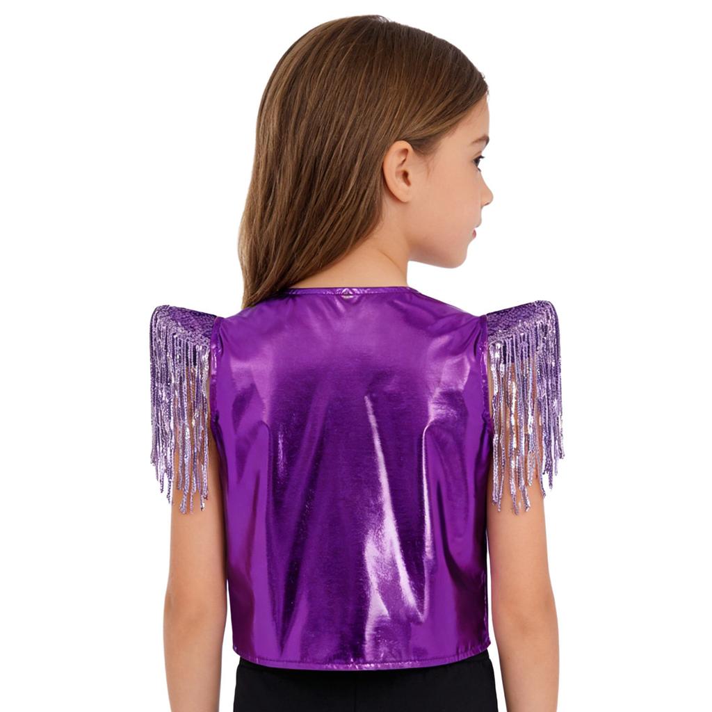 Boys Sequined Patchwork Vest Tassels Cap Sleeves V Neckline Stage Performance Waistcoat