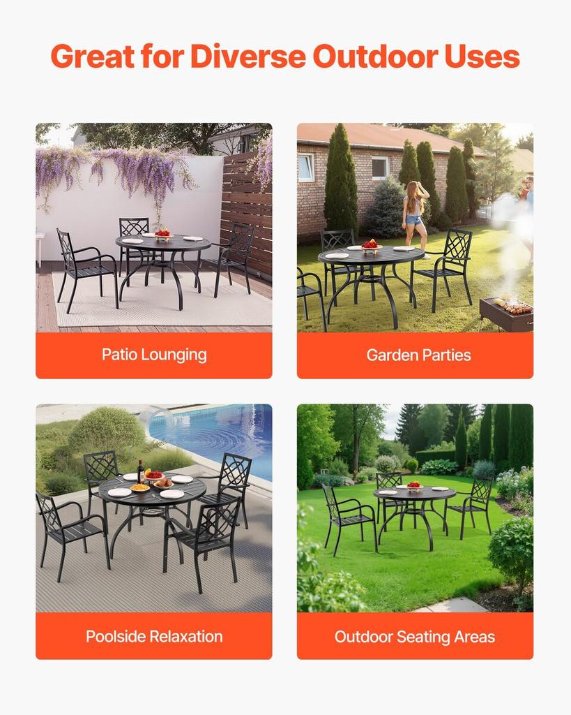 Outdoor Patio Dining Table, 120cm Round Metal Steel Slat Backyard Bistro Tables, with 38mm Umbrella Hole, Outside All-Weather Large Furniture for Lawn
