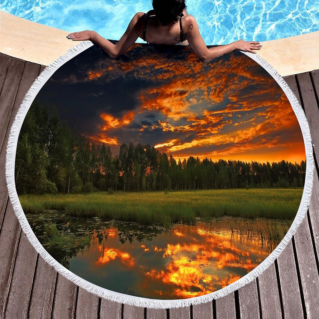 Sunset Landscape Round Beach Towel, Microfiber Beach Seawater Beach Blanket Lightweight Absorbent Circle Swim Towel with Tassels