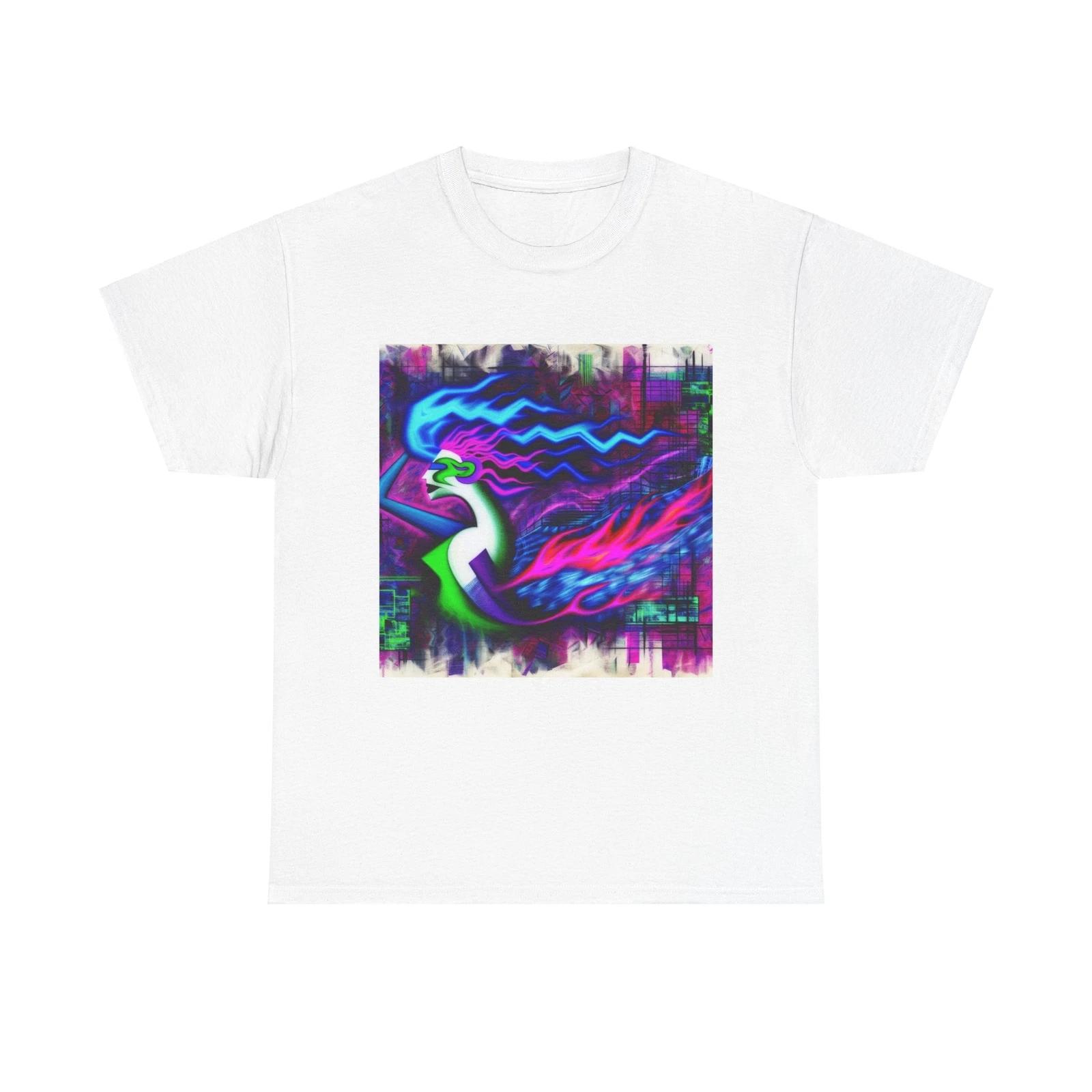 Unisex Adult T Shirt Cyber Neon Abstract Pinup Girl Electric Flames Grunge Art L