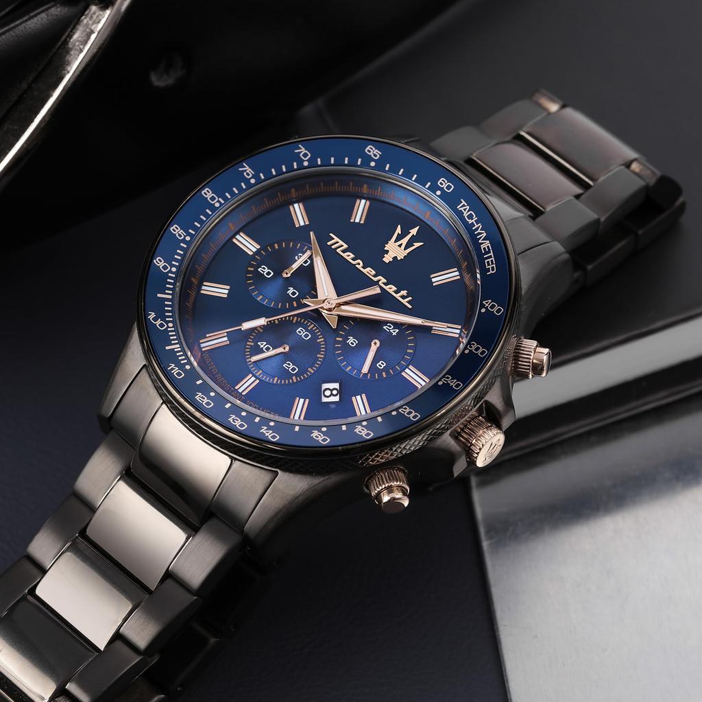Summer Sale - [Official] Maserati Sfida 44mm Chronograph Men's Quartz Watch with Blue Dial and Dark Gray Stainless Steel Case (R8873640001),