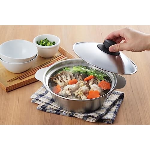 Yoshikawa 18cm Stainless Steel Two-Handled Pot, Gas and Induction Compatible, Ideal for Bowls and Ramen, Made in Japan, Deep, with Graduations, Serves