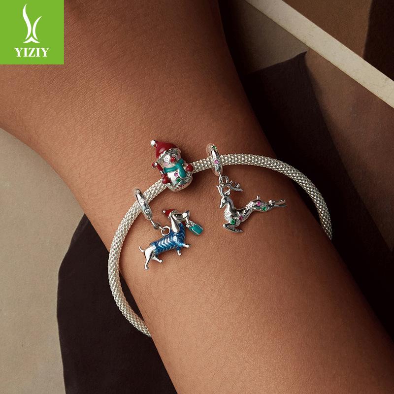 Design Christmas Little Elk Pendant S925 Sterling Silver Necklace Diy Beaded Animal Beads