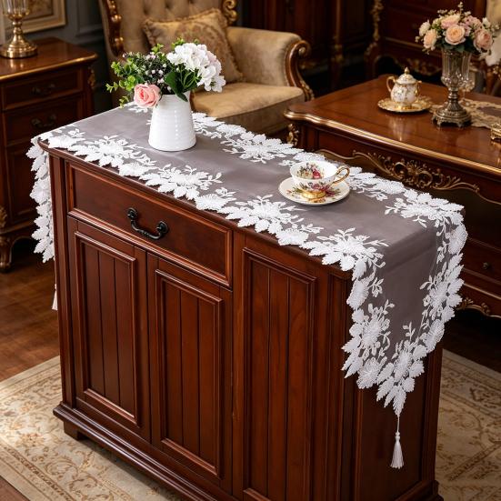 Lace Table Runner with Tassels, Anti-Wrinkle Vintage Table Runner, Decorative Runner with Beaded Flower & Leaf Embroidery for Dining Coffee Table