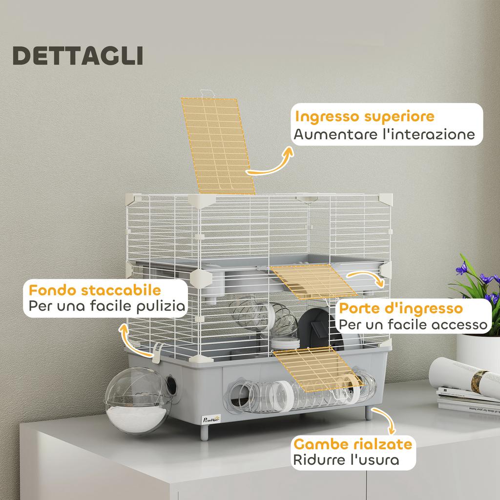 2-Tier, 3-Door Hamster Cage with Wheel and Tubes, Steel, PS and PP, 44.5x28x44 cm, Grey and White