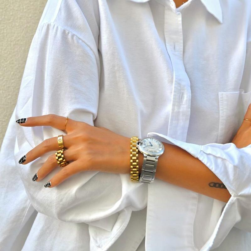 Peri 'Sbox Solid Gold Color Bold Heavy Thick Bangle For Women Classic Wide Link Chain Strap Stackable Bangle Stainless Steel