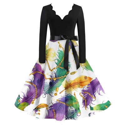 Women's Casual Fashion V Neck Long Sleeve Printed Vintage Long Dress