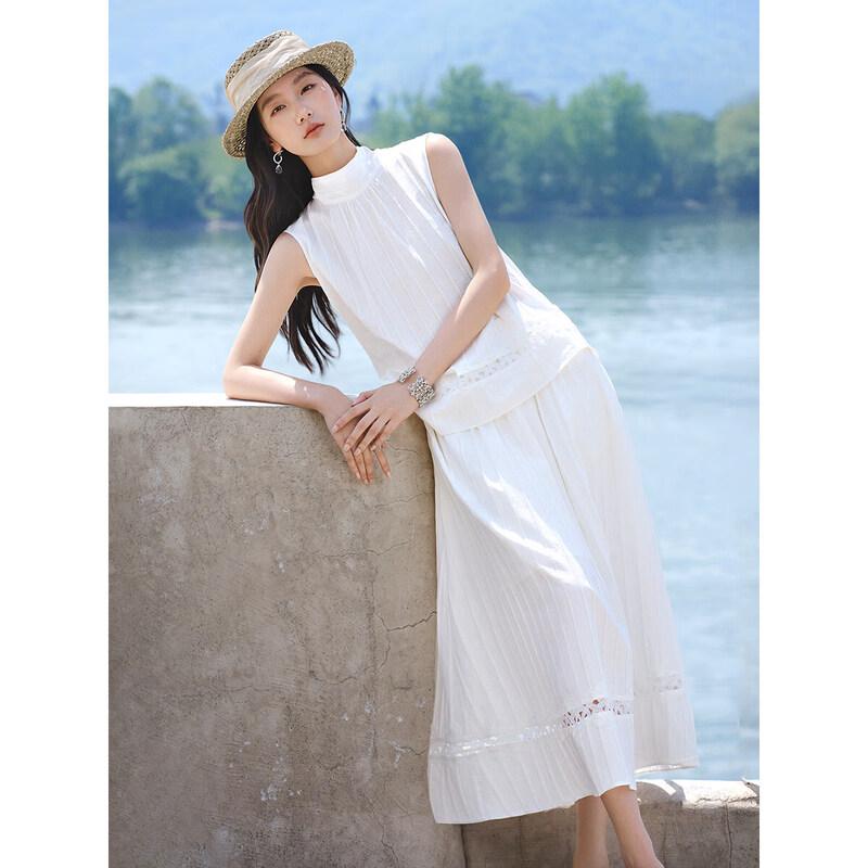 XWI Women's Cotton Ruffled Ribbon Top & High-Waist Skirt Vacation Set