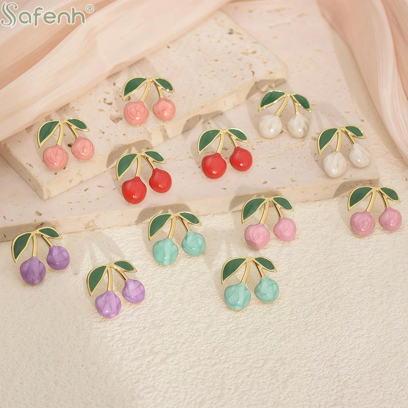 Fresh And Sweet Alloy Cherry Stud Earrings, Unique And Versatile Fashion Earrings, With Colorful Fruit Pendants