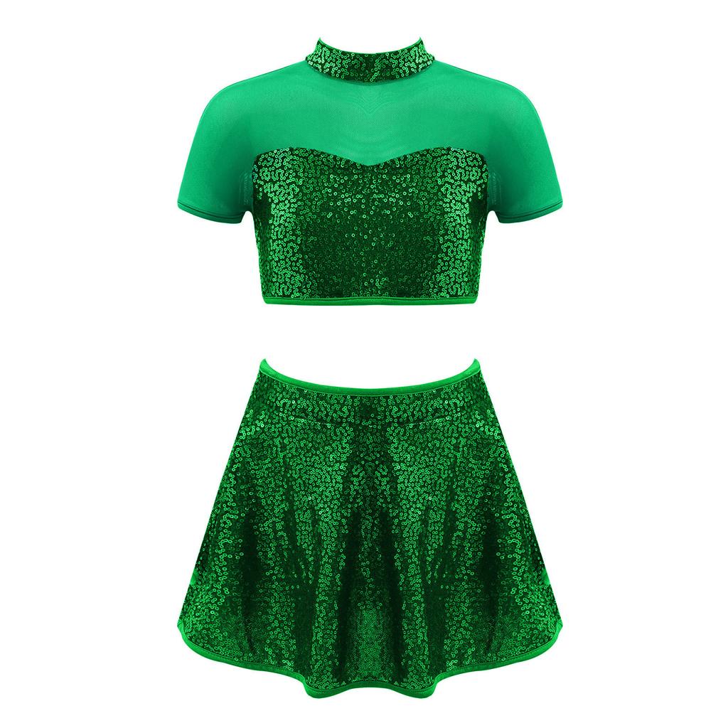 Kids Girls Sparkly Dance Outfit Stand Collar Crop Top Mesh Patchwork Open Back with Skirt