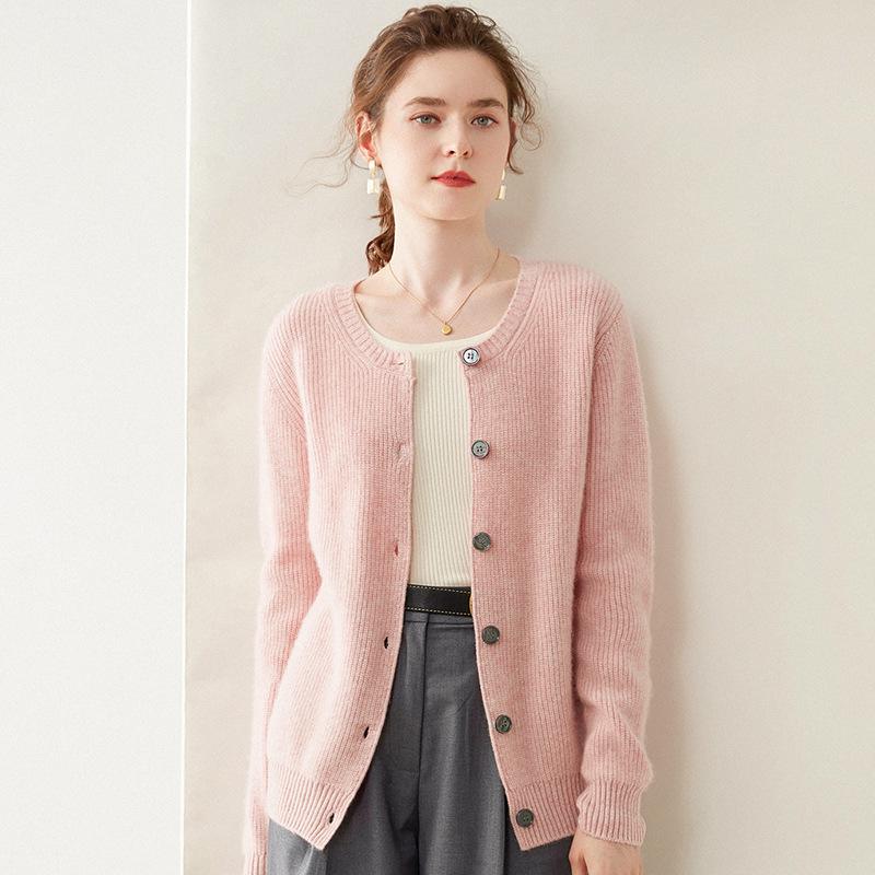 2024 Women's Cashmere Ribbed Round Neck Loose Knit Cardigan Sweater for Autumn/Winter
