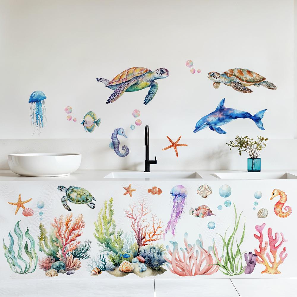 Cartoon, Watercolor Ocean, Coral, Jellyfish, Turtle, Decorative Wall Stickers, Bedroom and Bathroom Beautification, Home Decoration Stickers