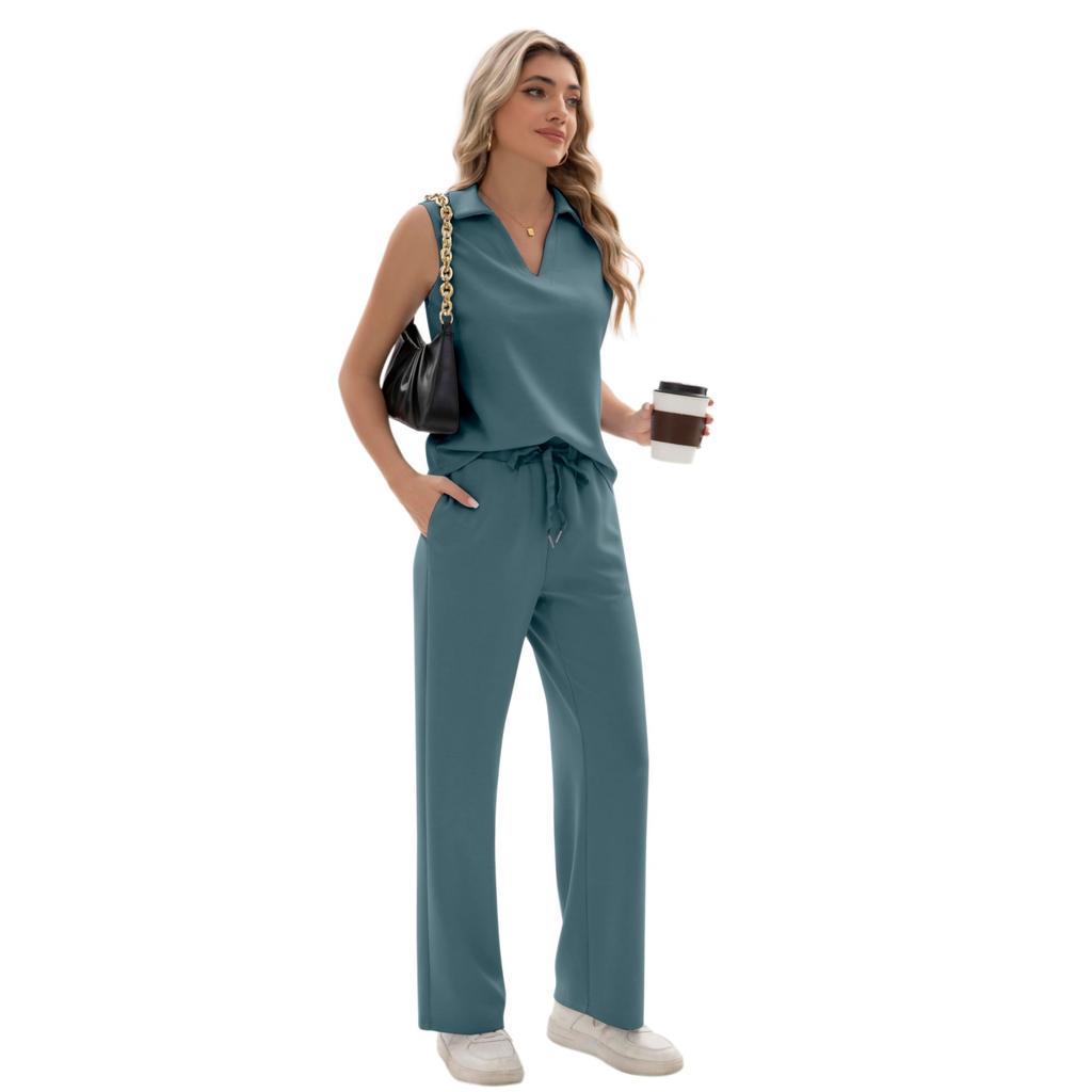 Ladies' Casual Temperament V-neck Casual Top Wide Leg Pants Two-piece Set