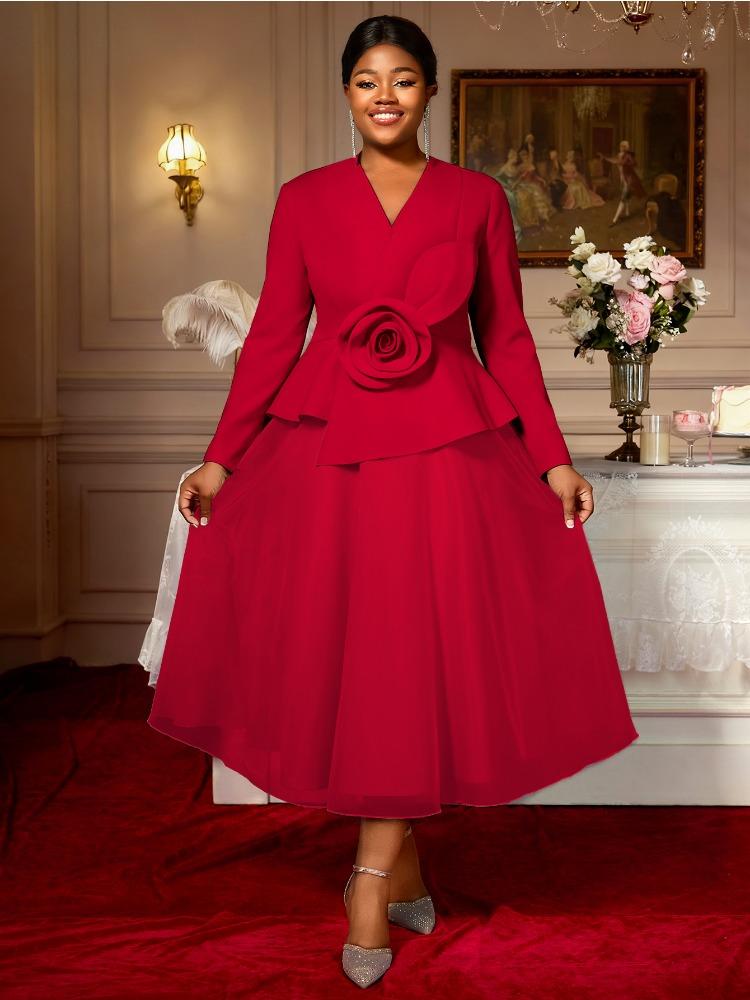 Elegant Women A Line Dress V Neck Long Sleeve 3D Flower Peplum Patchwork Mesh Wedding Guest Church Party Outfit Autumn New