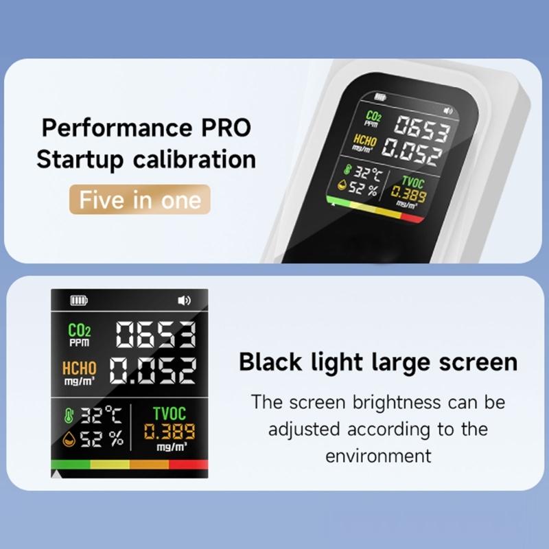 5 in 1 Air Quality Monitors Formaldehyde CO2 TVOC Temperature Moisture Detectors with Immediate Display for Household Use