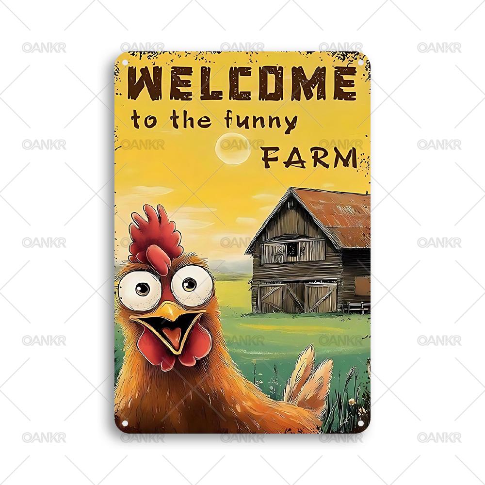 Funny Welcome to The Farm Metal Signs Vintage Art Chicken Poster Metal Tin Sign Perfect Gift for Garden Farm Shop Wall Decor