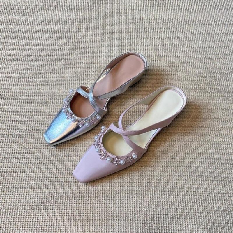 Fashion New French-style Pearl Cross-strap Baotou Half Slippers Square Toe Shallow Mouth Heightened Temperament Sandals and Slippers